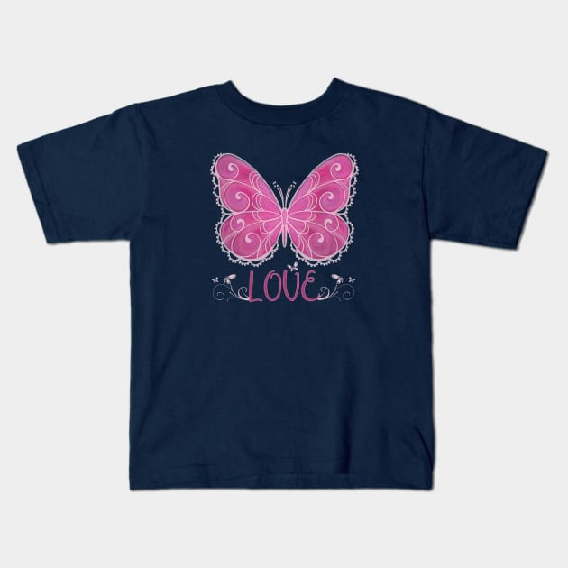 Pink Butterfly Love Filigree Kids T-Shirt by TLSDesigns